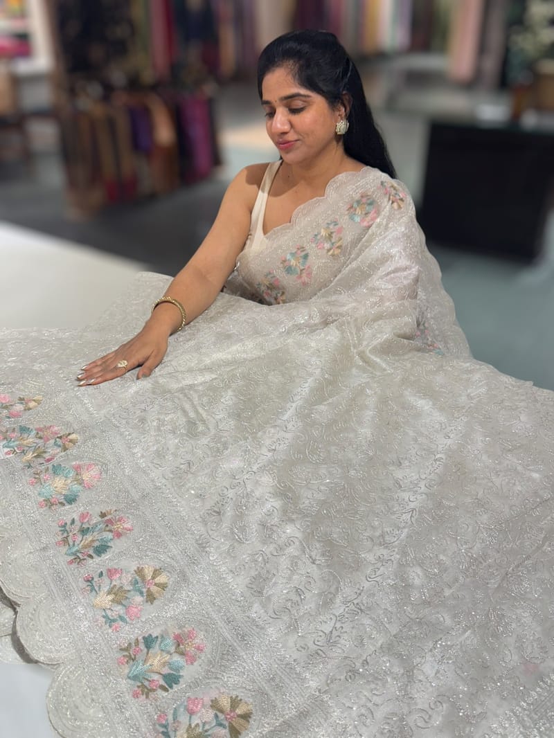 Silver Glass Organza Saree with allover embroidery SS50548