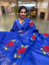Royal Blue Muslin Saree with Pocket Sequins & Hibiscus Embroidery