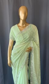 Sea Green Georgette saree with allover Chikankari