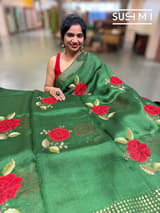 Green Muslin Saree with Pocket Sequins & Hibiscus Embroidery