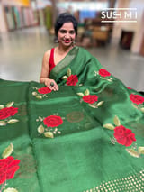 Green Muslin Saree with Pocket Sequins & Hibiscus Embroidery