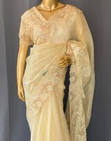 Pastel Yellow Organza Saree with tissue cutwork Rose border