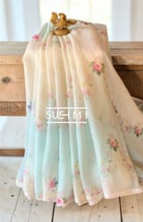Ombre Dyed Floral Printed Pure Linen Saree