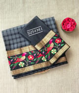 Black Vintage checks Kanjeevaram soft silk saree with embroidery D62F042