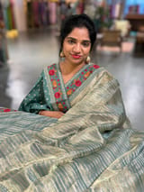 Sage Green Kora Tissue Stripes Saree with Sabhyasachi Style Embroidered Borders & Blouse