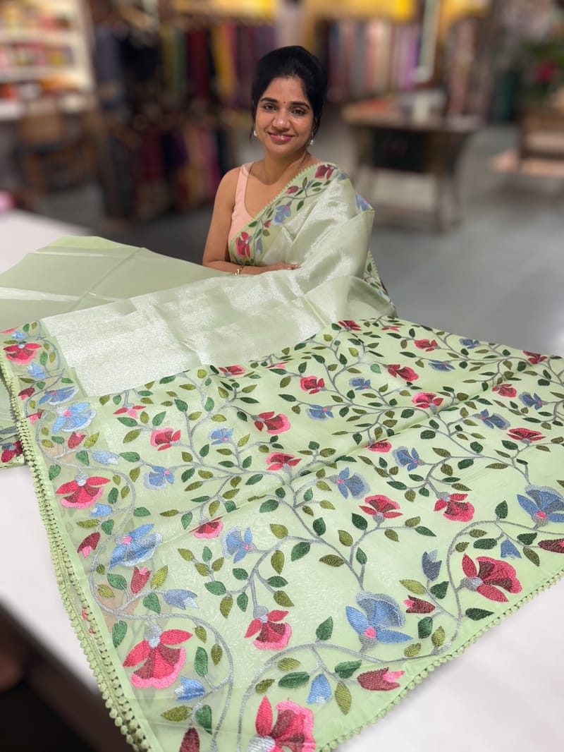 Sea Green kora tissue saree with pythani inspired embroidery