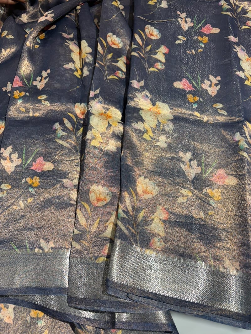 Midnight Blue Printed Banarasi Cotton Tissue SS50561