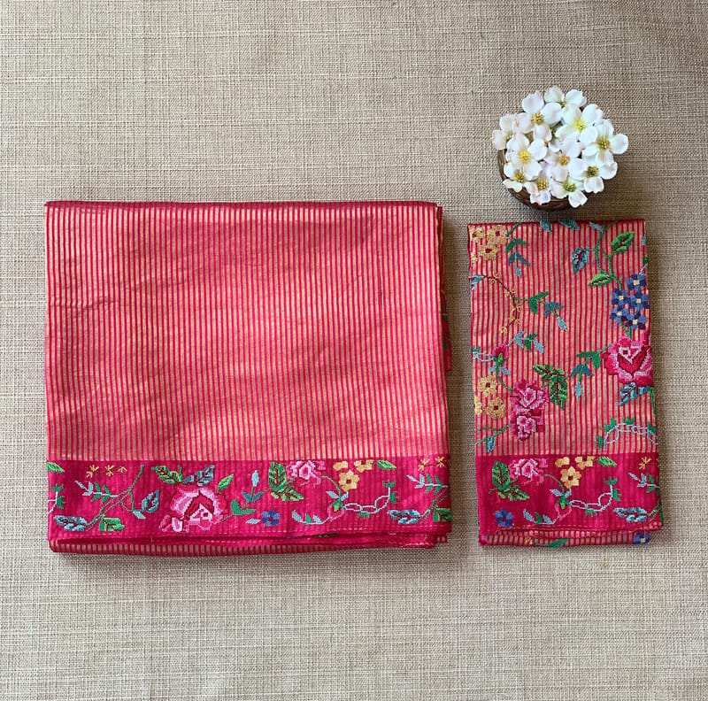 Ruby Pink Banarasi tissue stripes with petite point embroidery