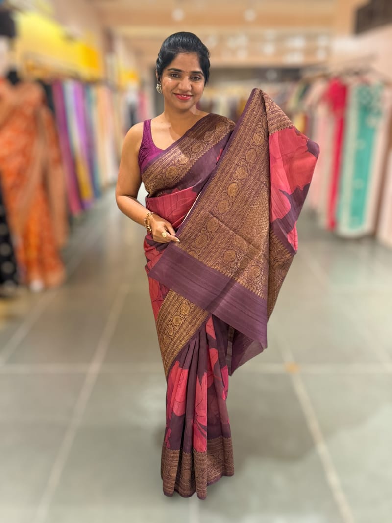 Wine Printed Tussar Tissue Saree SS50453