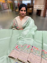 Mint Organza Banarasi Fusion Saree with Bird Appliqué