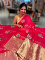 Pinkish Red Organza Saree with pure Tissue Border SS50293