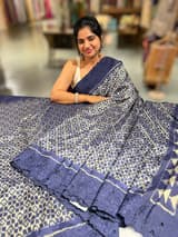 Midnight Blue Cambodian–inspired Ikkat Silk Saree with cutwork Rose Border SS50346