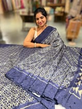 Midnight Blue Cambodian–inspired Ikkat Silk Saree with cutwork Rose Border SS50346