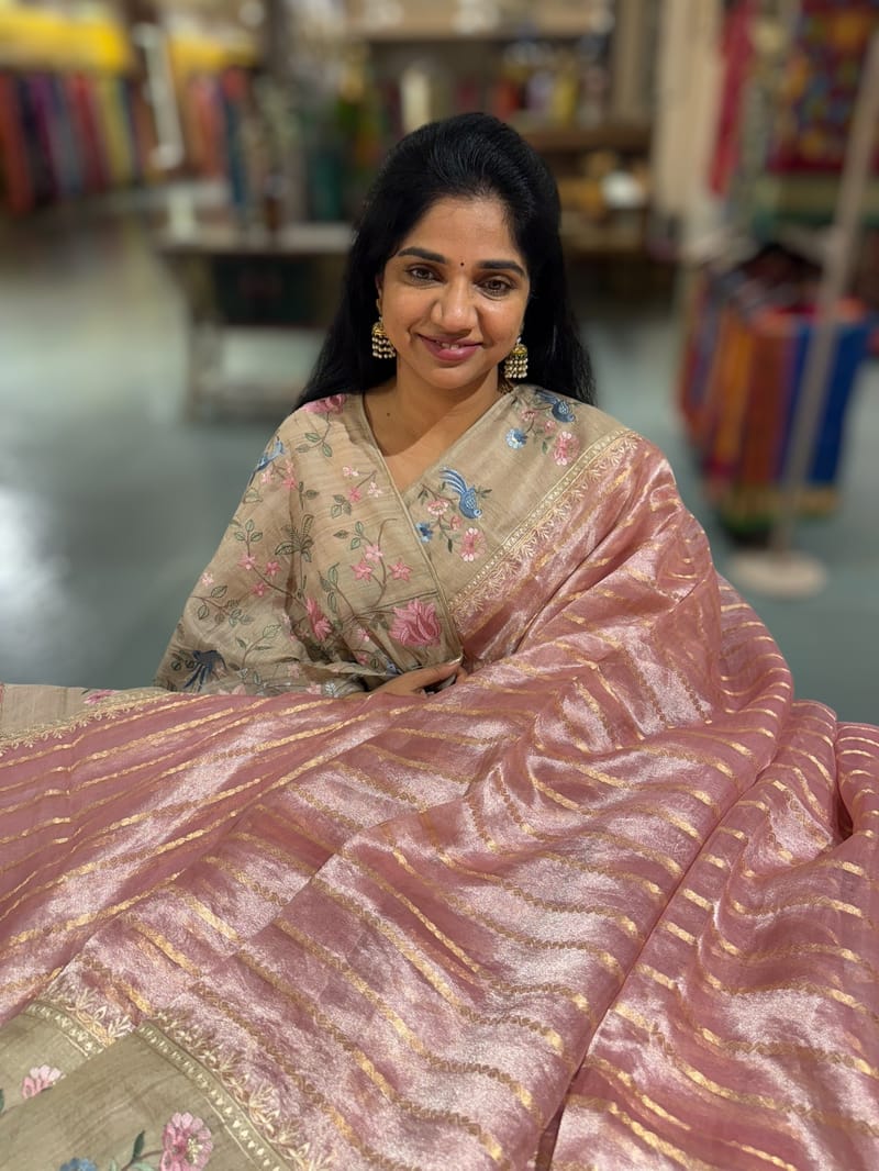 Dusty Pink Pure Handloom Tissue Saree with pure Tussar embroidered border SS50236