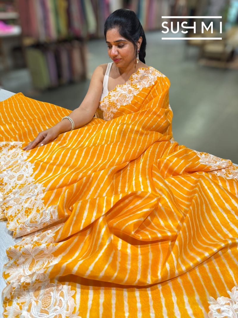 Marigold Orange  habutai  Silk lehariya Saree S62F067