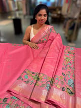 Peach Pink chanderi silk cotton saree with kalamkari applique border SS50530