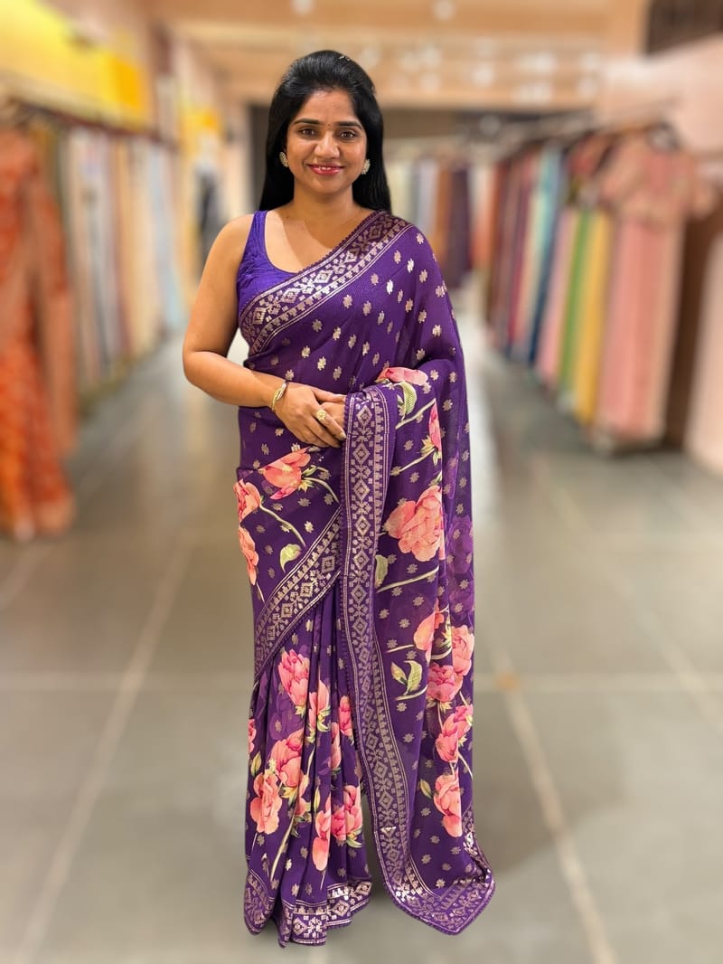 Brinjal georgette sequence saree with statement floral print SS5049