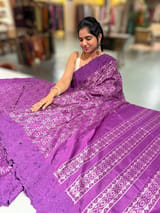 Brinjal Cambodian–inspired Ikkat Silk Saree with cutwork Rose Border SS50347