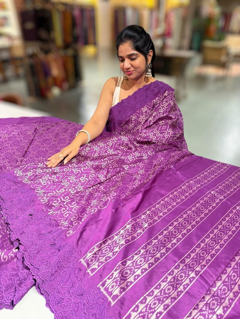 Brinjal Cambodian–inspired Ikkat Silk Saree with cutwork Rose Border SS50347