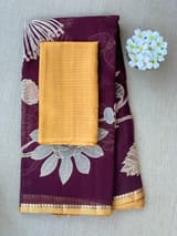Dark Wine Designer Organza with Tissue applique work
