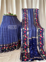Midnight Blue Vintage checks Kanjeevaram soft silk saree with embroidery D62F040