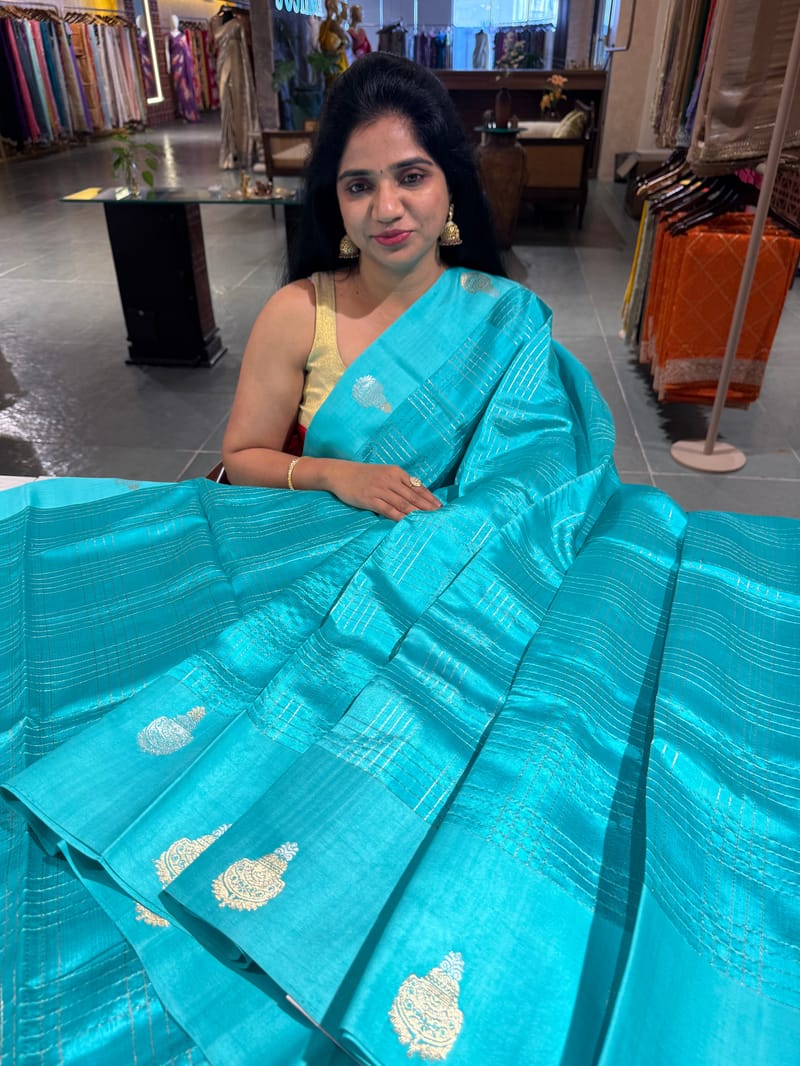 Sea blue checks Poona Silk Saree