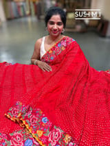 Chilli Red Pure Gajji Silk Rai bandhej Saree with petite point embroidery