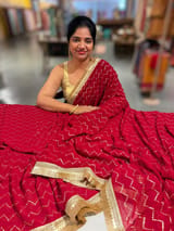 Dark Red Georgette Saree with stick on Badla in zigzag pattern