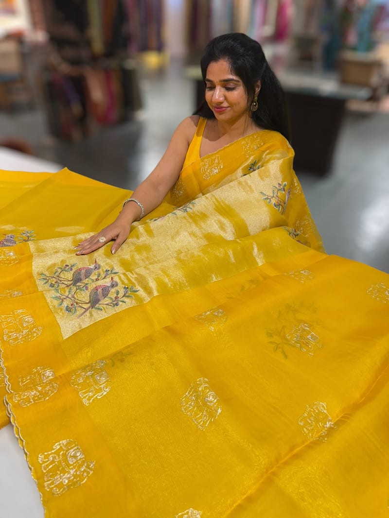 Mango Yellow Premium Handloom Designer Tissue saree with exquisite embroidery