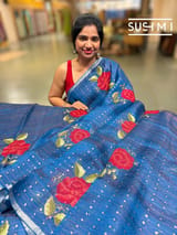 Light Indigo Blue muslin tissue stripes saree with hibuscus emb