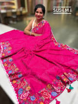 Fuschia Pink Pure Gajji Silk Rai bandhej Saree with petite point embroidery