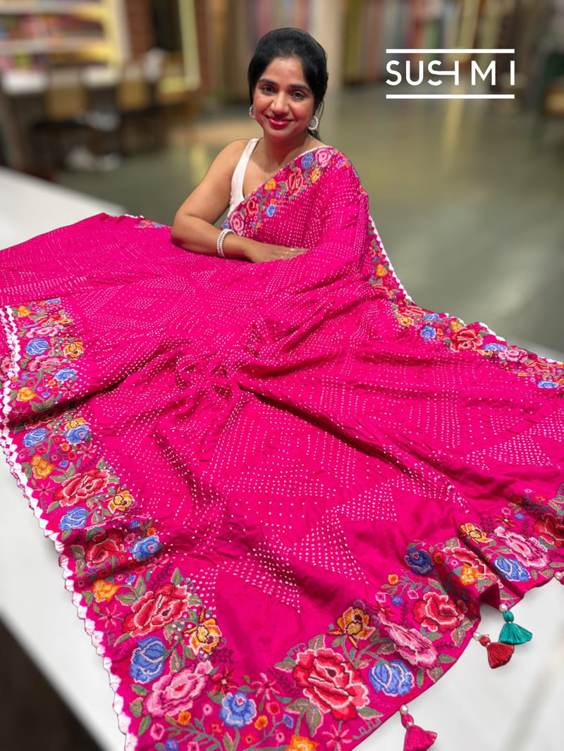 Fuschia Pink Pure Gajji Silk Rai bandhej Saree with petite point embroidery