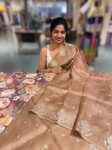 Nude Brown Organza Saree With Embroidery & Tussar Printed Blouse SS50328