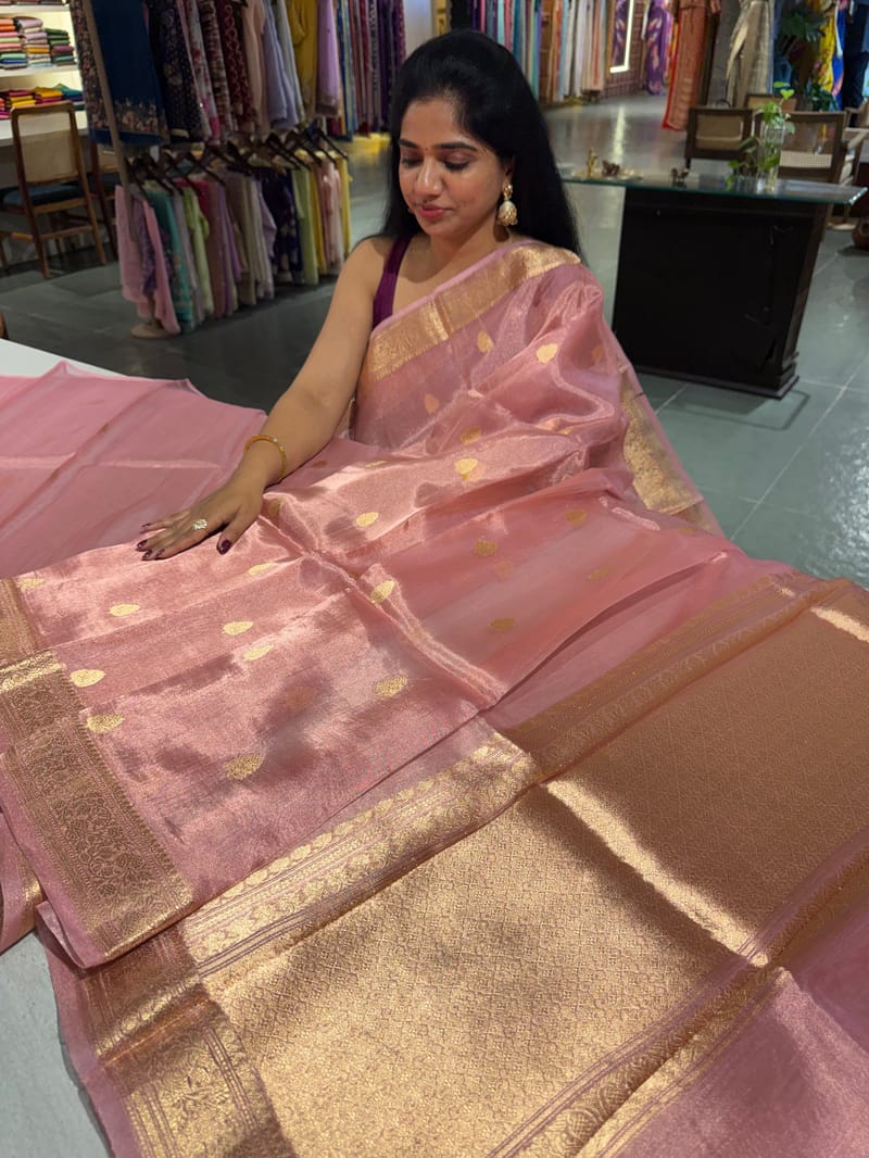 Pastel pink Banarasi handloom tissue saree
