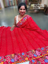 Chilli Red Pure Gajji Silk Rai bandhej Saree with petite point embroidery