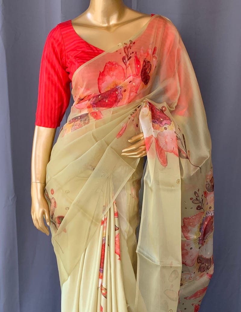 Pastel yellow Designer Organza statement floral printed saree