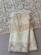 Pastel Yellow Organza Saree with tissue cutwork Rose border