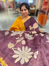 Dark Wine Designer Organza with Tissue applique work
