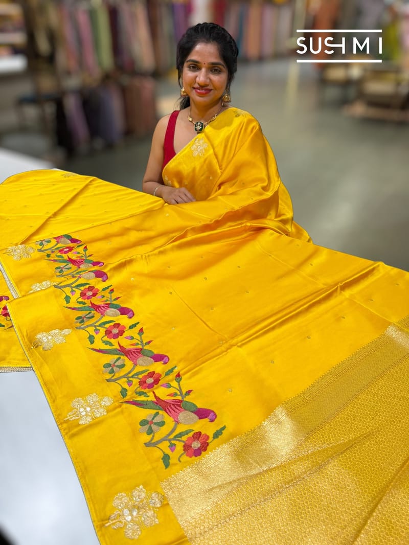 Yellow mashru Saree with embroidery : S62F141