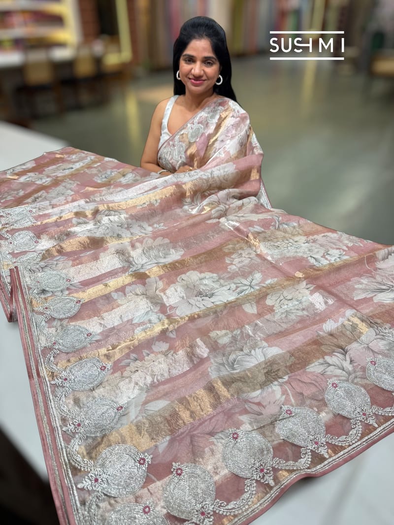Printed Organza Tissue stripes saree with embroidery