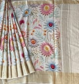 Ivory Pure Handloom Chiniya Silk Saree with stunning Floral Print and zari borders SS5099