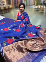 Purplish Blue muslin tissue stripes saree with hibuscus emb