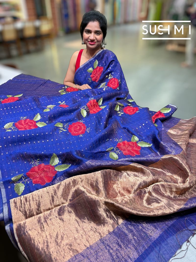 Purplish Blue muslin tissue stripes saree with hibuscus emb