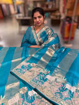 Peacock Blue Kora Tissue Stripes Saree With Jamdani  & Pichwai embroidered Border SS50481