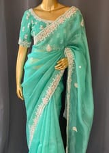 Sea Green Pure Organza Handwork saree DSCL040
