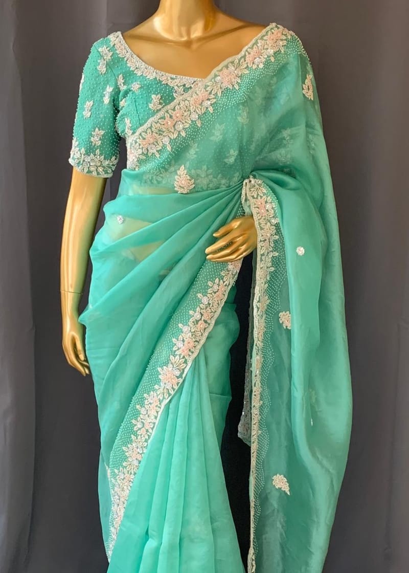 Sea Green Pure Organza Handwork saree DSCL040