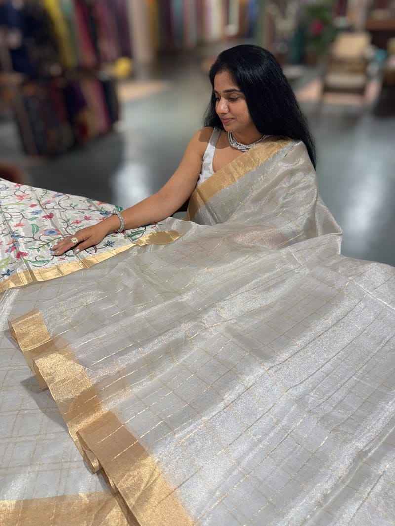 Silver tissue checks Saree with pythani inspired embroidered tissue blouse