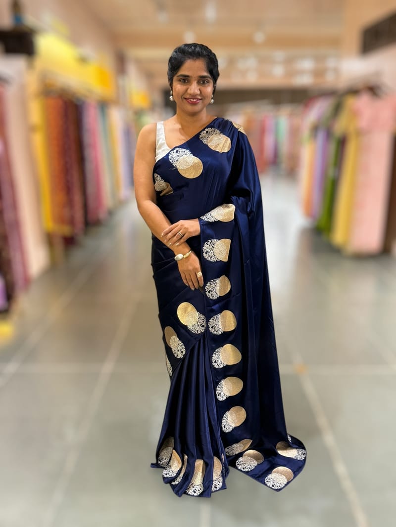 Midnight Blue Pure Satin Saree with embroidered border and blouse