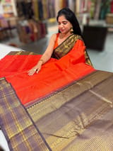 Orange & Dark Brown Combo Vaira Oosi Stripes Vintage Kanjeevaram Saree SS50165
