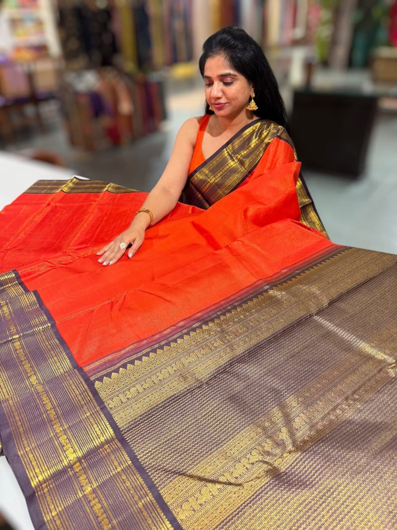 Orange & Dark Brown Combo Vaira Oosi Stripes Vintage Kanjeevaram Saree SS50165